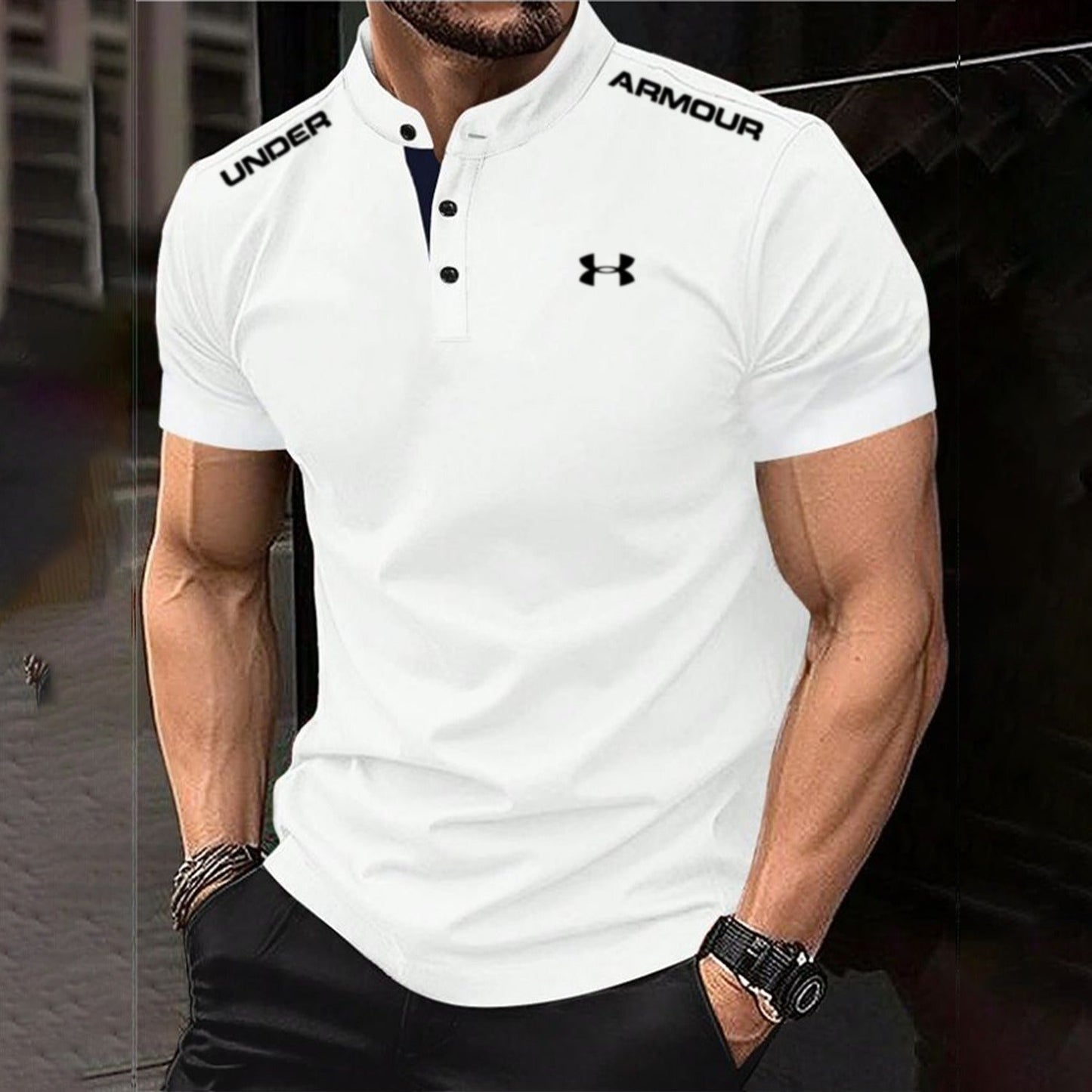 Men's Cotton Stand Collar Elastic Fit Sports Casual Short Sleeve Polo Shirt