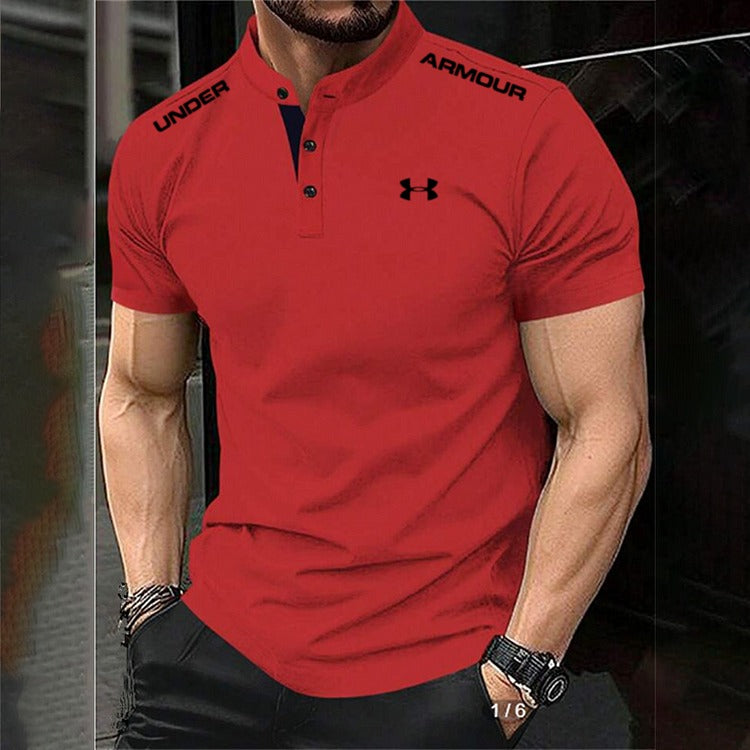 Men's Cotton Stand Collar Elastic Fit Sports Casual Short Sleeve Polo Shirt