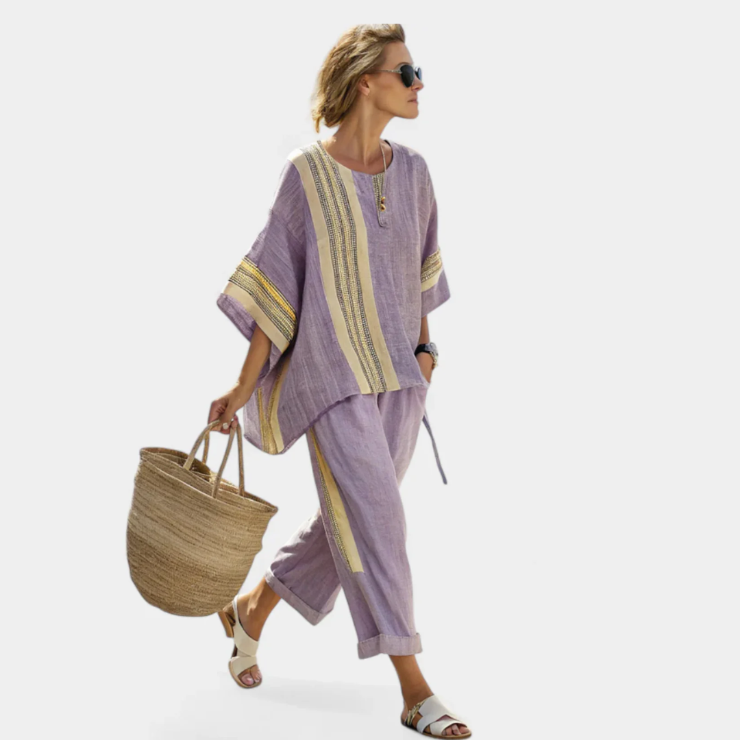 Anila - Elegant Linen Two Piece Set With Striped Design