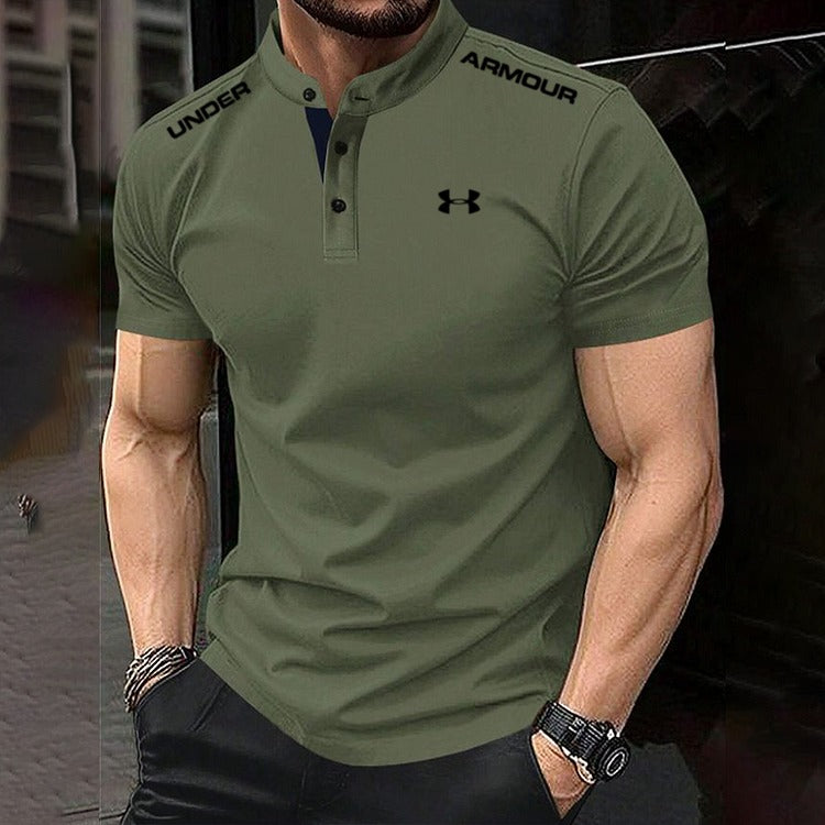 Men's Cotton Stand Collar Elastic Fit Sports Casual Short Sleeve Polo Shirt