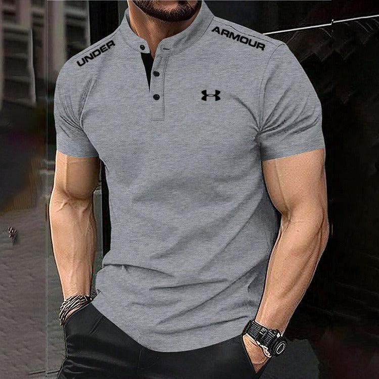 Men's Cotton Stand Collar Elastic Fit Sports Casual Short Sleeve Polo Shirt