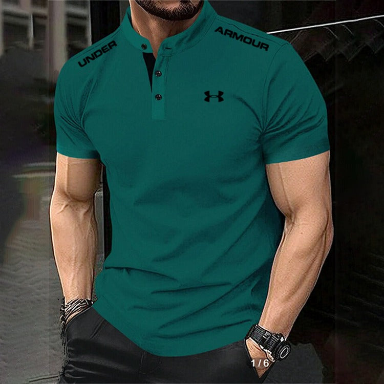 Men's Cotton Stand Collar Elastic Fit Sports Casual Short Sleeve Polo Shirt