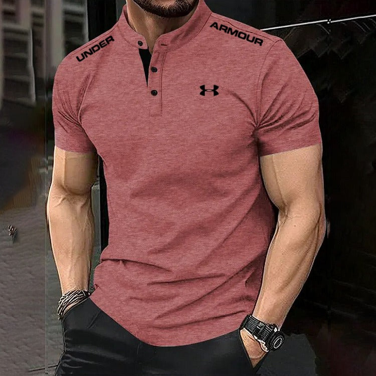 Men's Cotton Stand Collar Elastic Fit Sports Casual Short Sleeve Polo Shirt