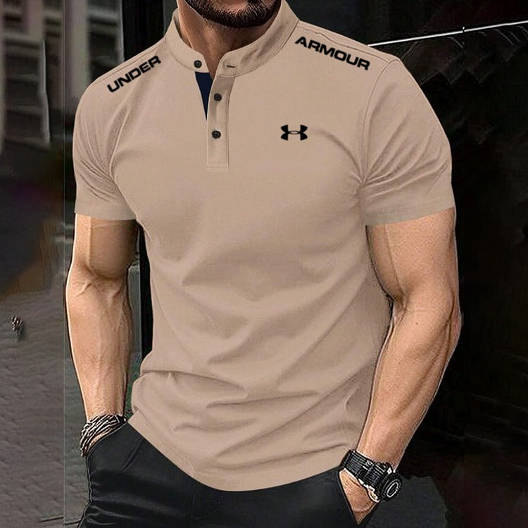 Men's Cotton Stand Collar Elastic Fit Sports Casual Short Sleeve Polo Shirt