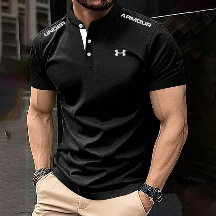 Men's Cotton Stand Collar Elastic Fit Sports Casual Short Sleeve Polo Shirt