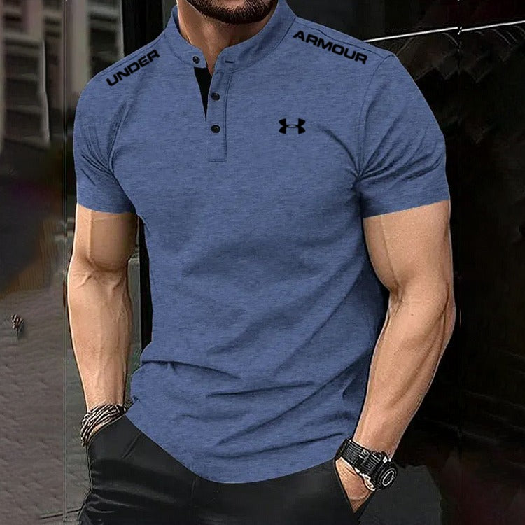 Men's Cotton Stand Collar Elastic Fit Sports Casual Short Sleeve Polo Shirt