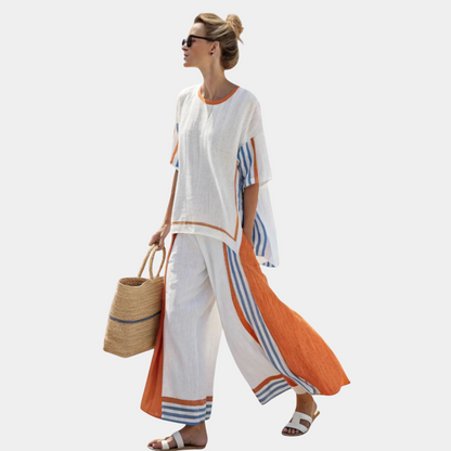 Anila - Elegant Linen Two Piece Set With Striped Design