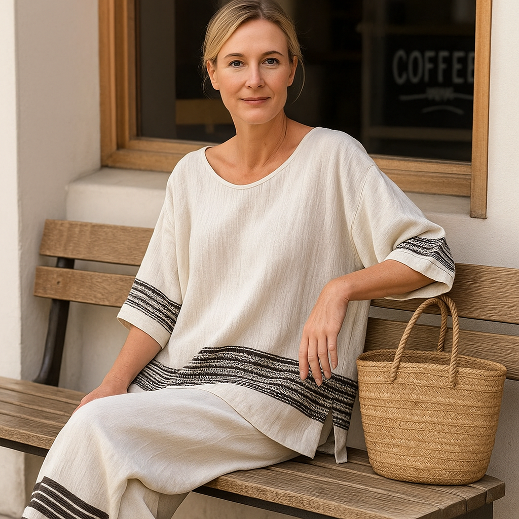 Anila - Elegant Linen Two Piece Set With Striped Design