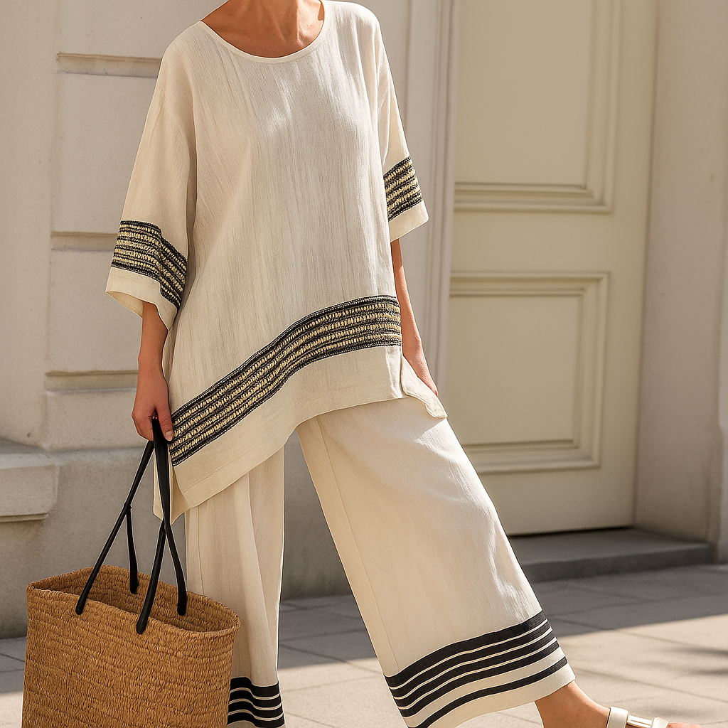 Anila - Elegant Linen Two Piece Set With Striped Design