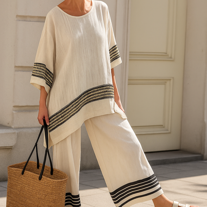 Anila - Elegant Linen Two Piece Set With Striped Design