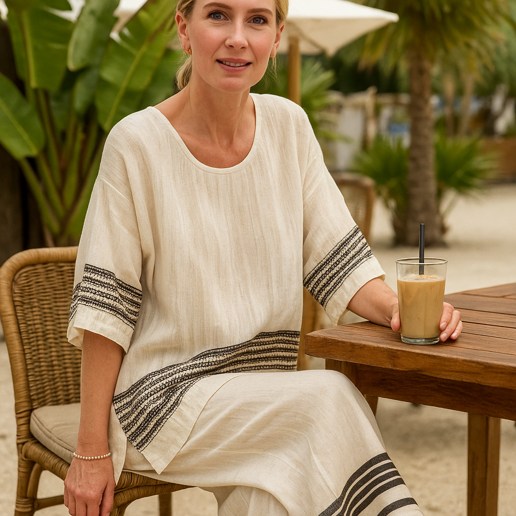 Anila - Elegant Linen Two Piece Set With Striped Design