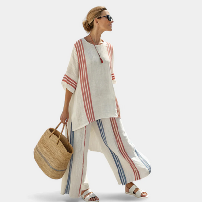Anila - Elegant Linen Two Piece Set With Striped Design