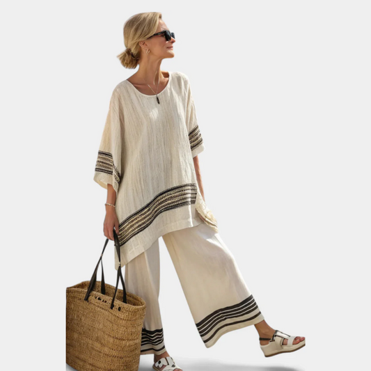 Anila - Elegant Linen Two Piece Set With Striped Design