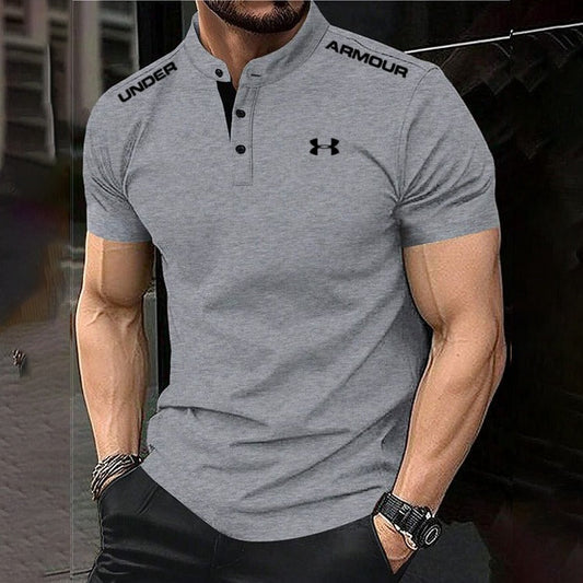 Men's Cotton Stand Collar Elastic Fit Sports Casual Short Sleeve Polo Shirt